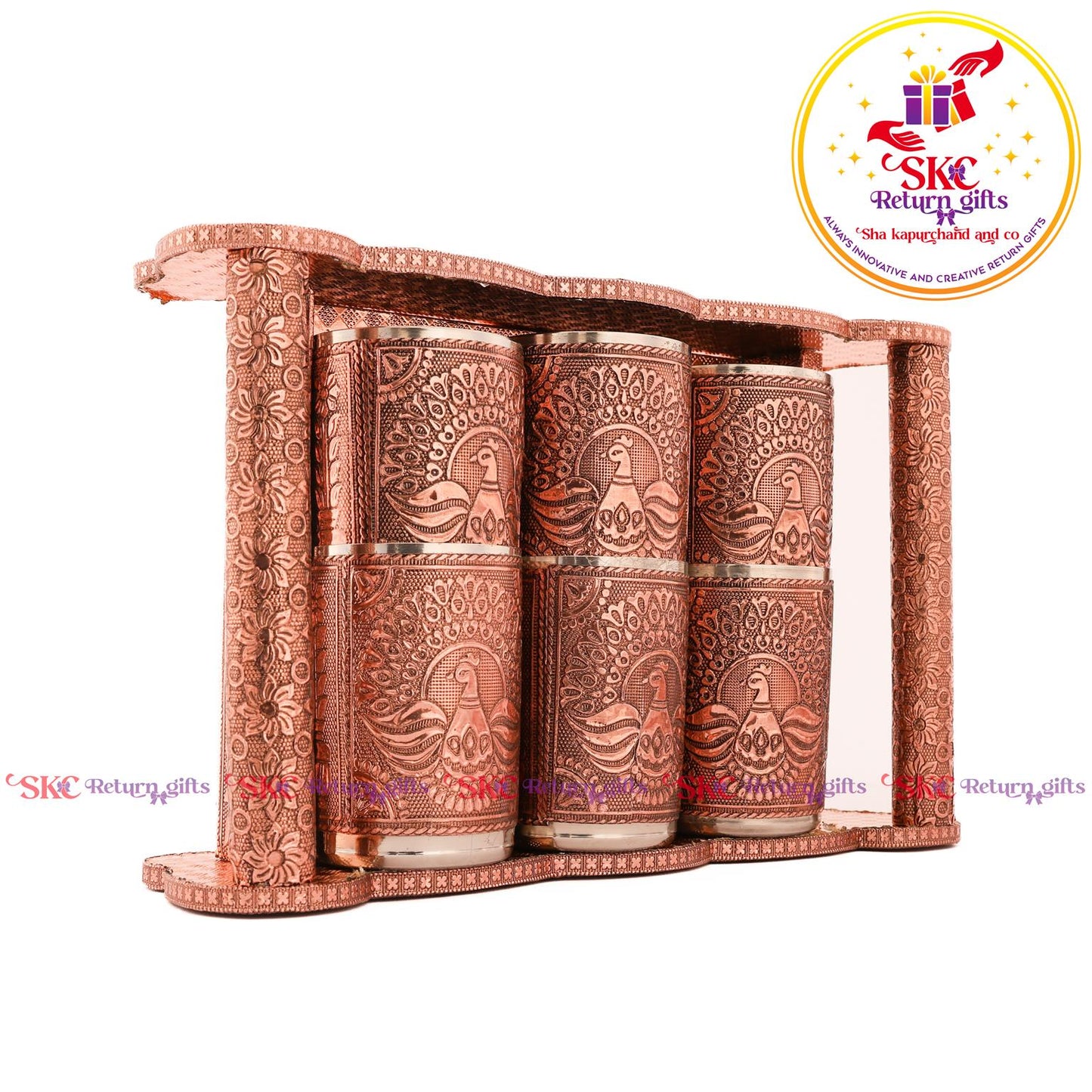 Embossed 6 Pcs Glass Tray Set Copper