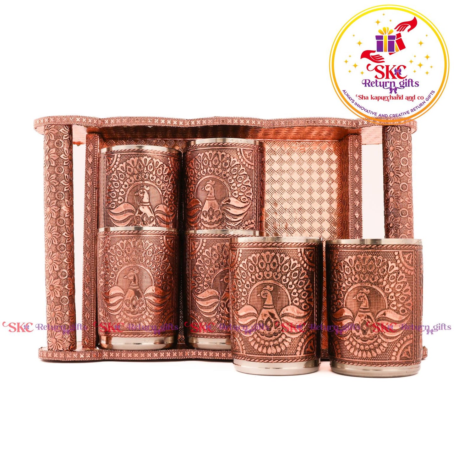 Embossed 6 Pcs Glass Tray Set Copper