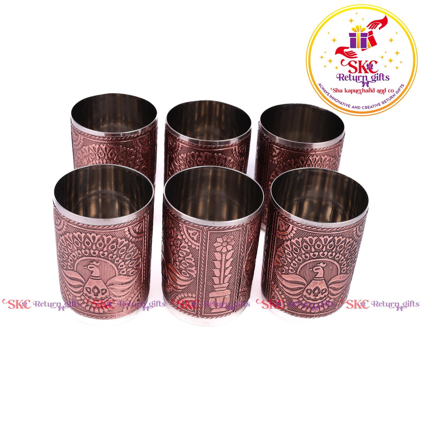 Embossed 6 Pcs Glass Tray Set Copper