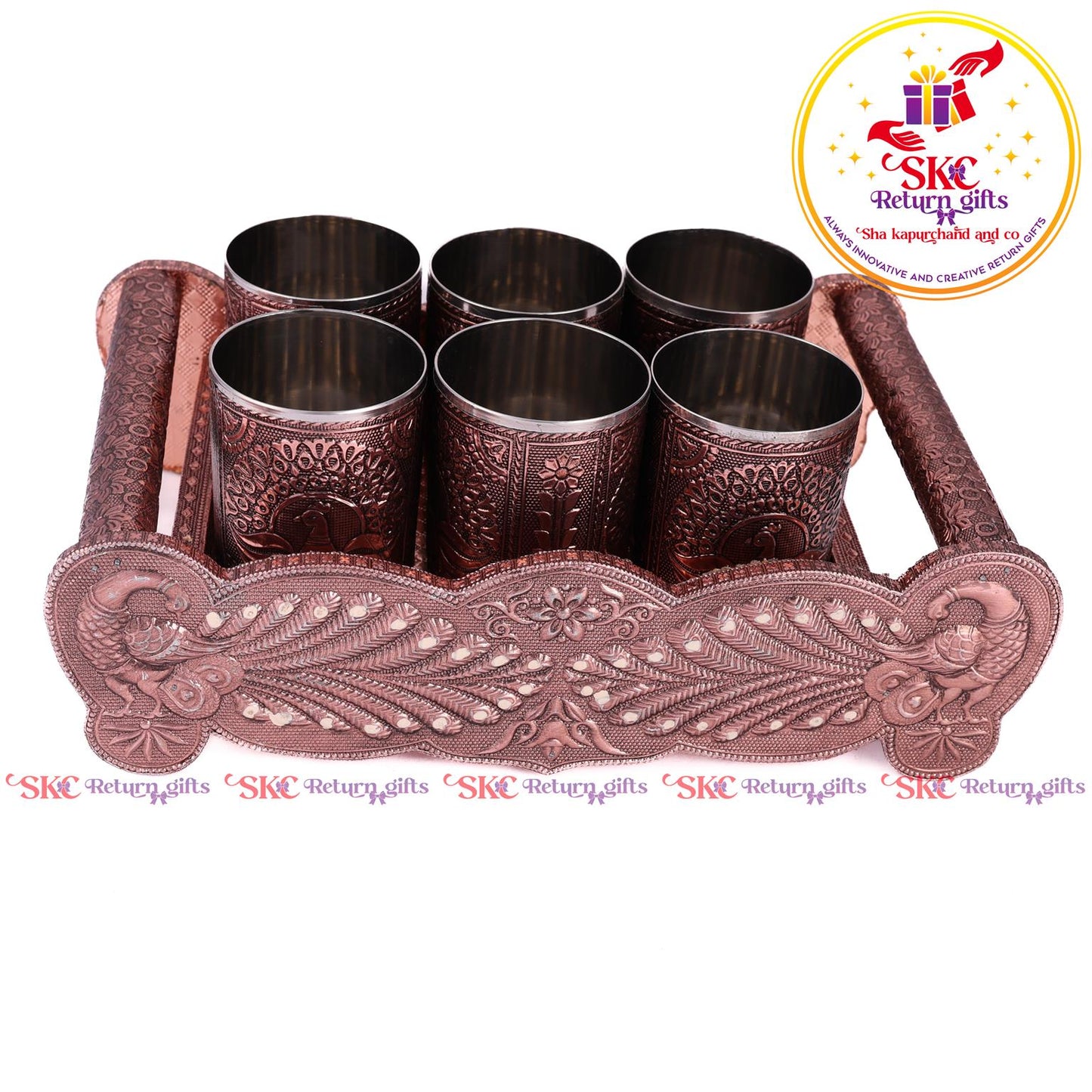 Embossed 6 Pcs Glass Tray Set Copper
