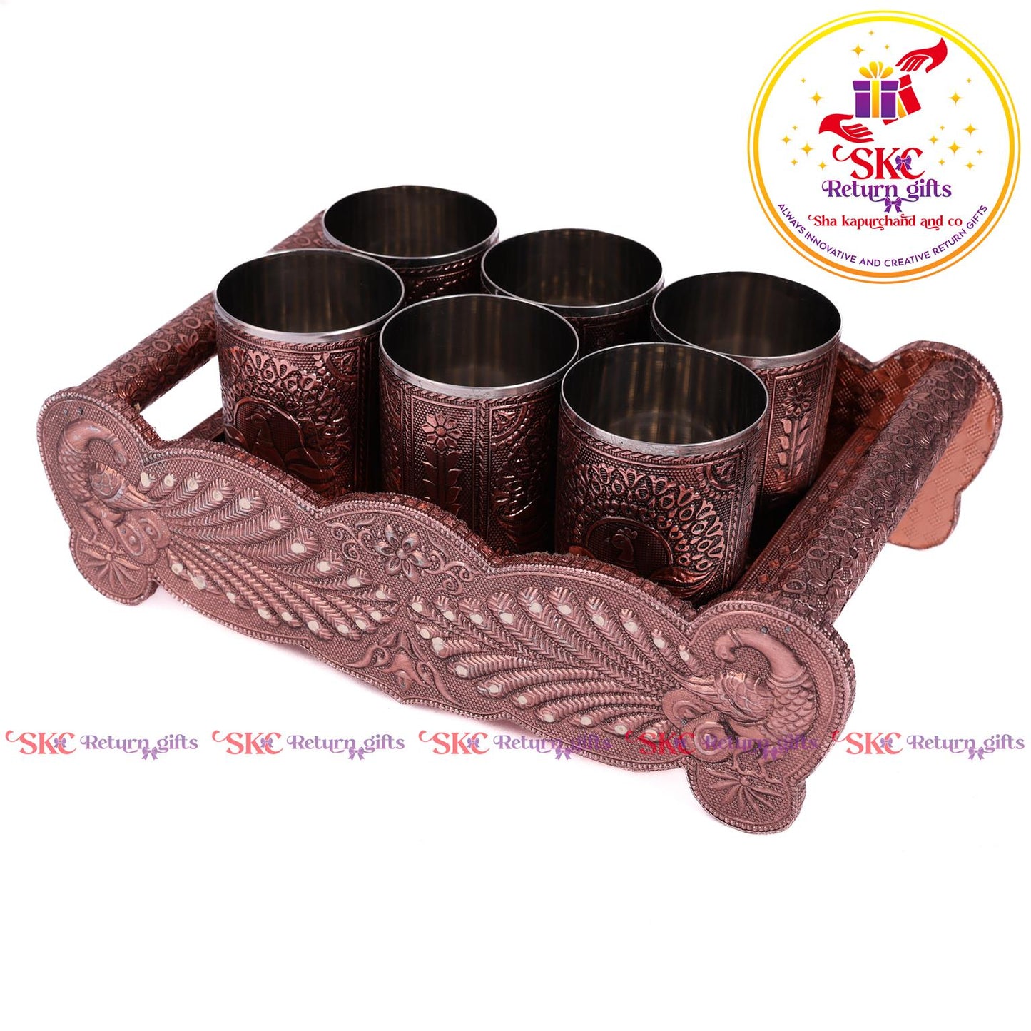 Embossed 6 Pcs Glass Tray Set Copper
