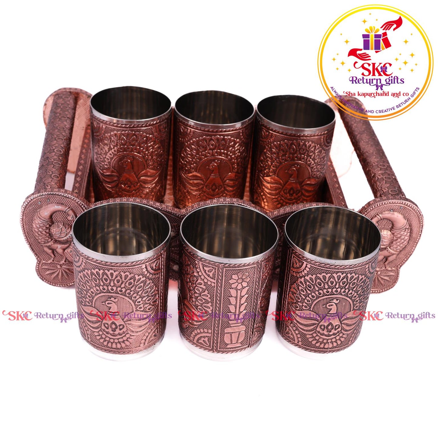 Embossed 6 Pcs Glass Tray Set Copper