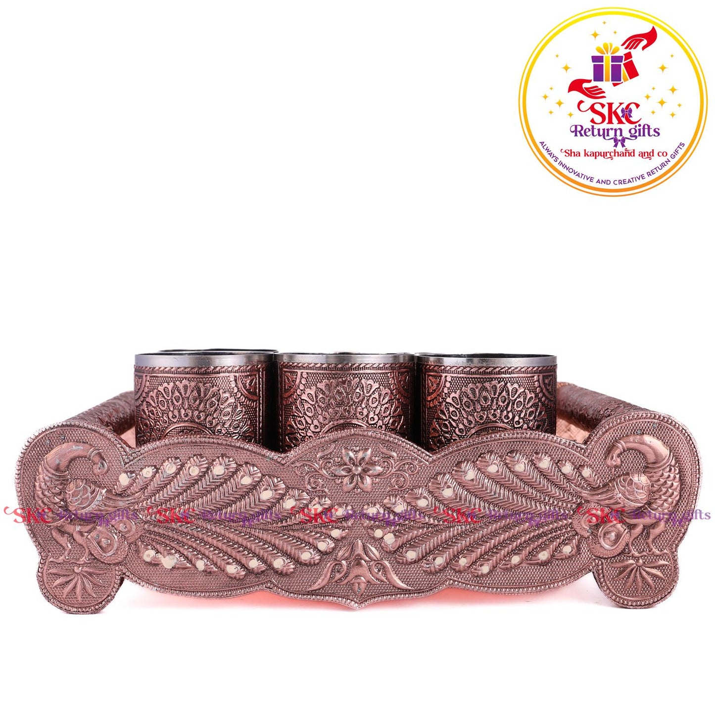 Embossed 6 Pcs Glass Tray Set Copper