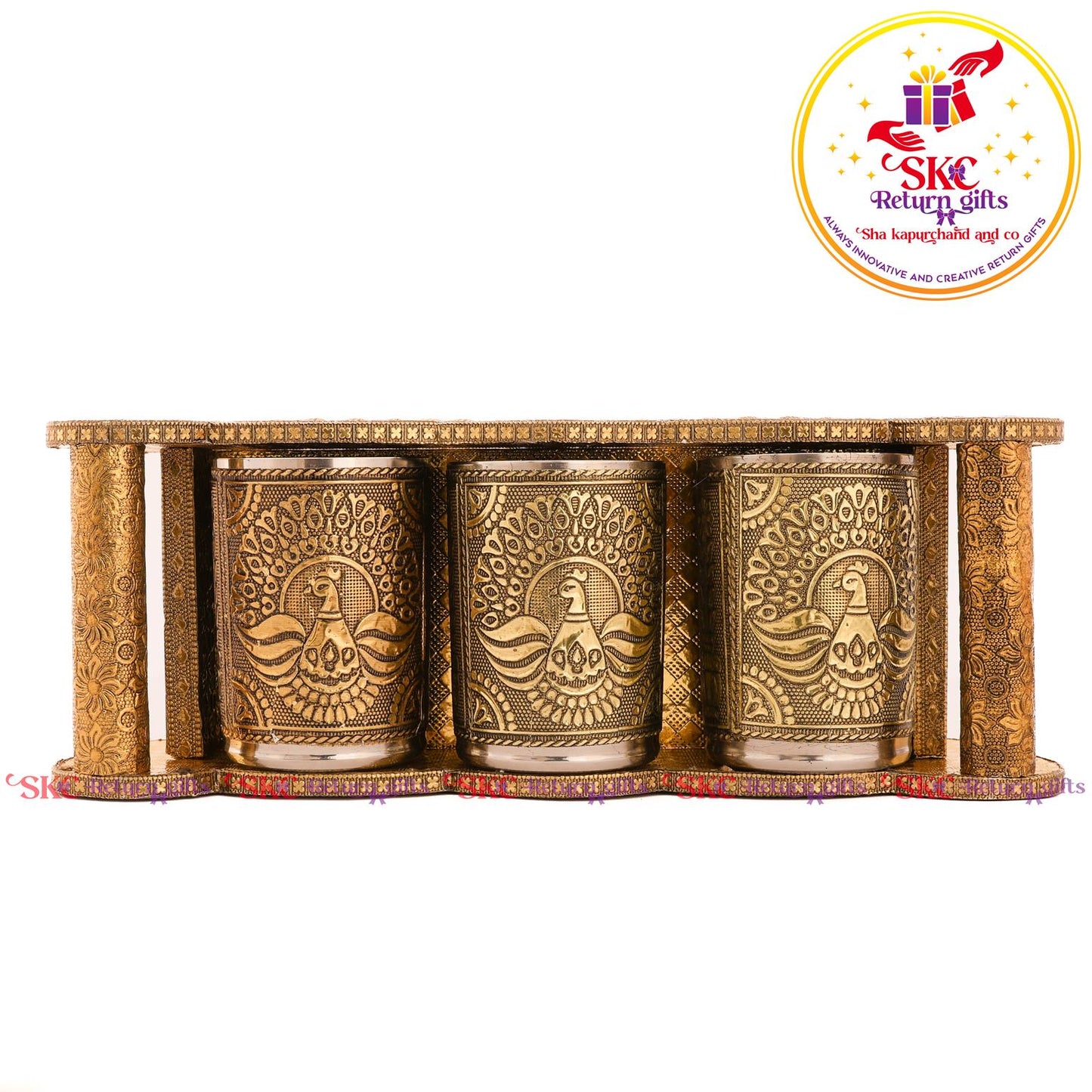 Embossed 3 Pcs Glass Tray Set Gold