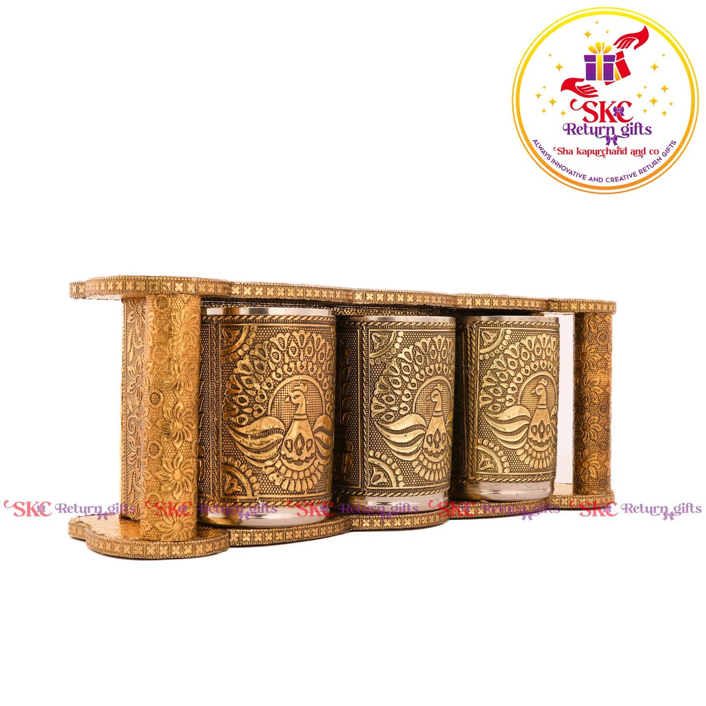Embossed 3 Pcs Glass Tray Set Gold