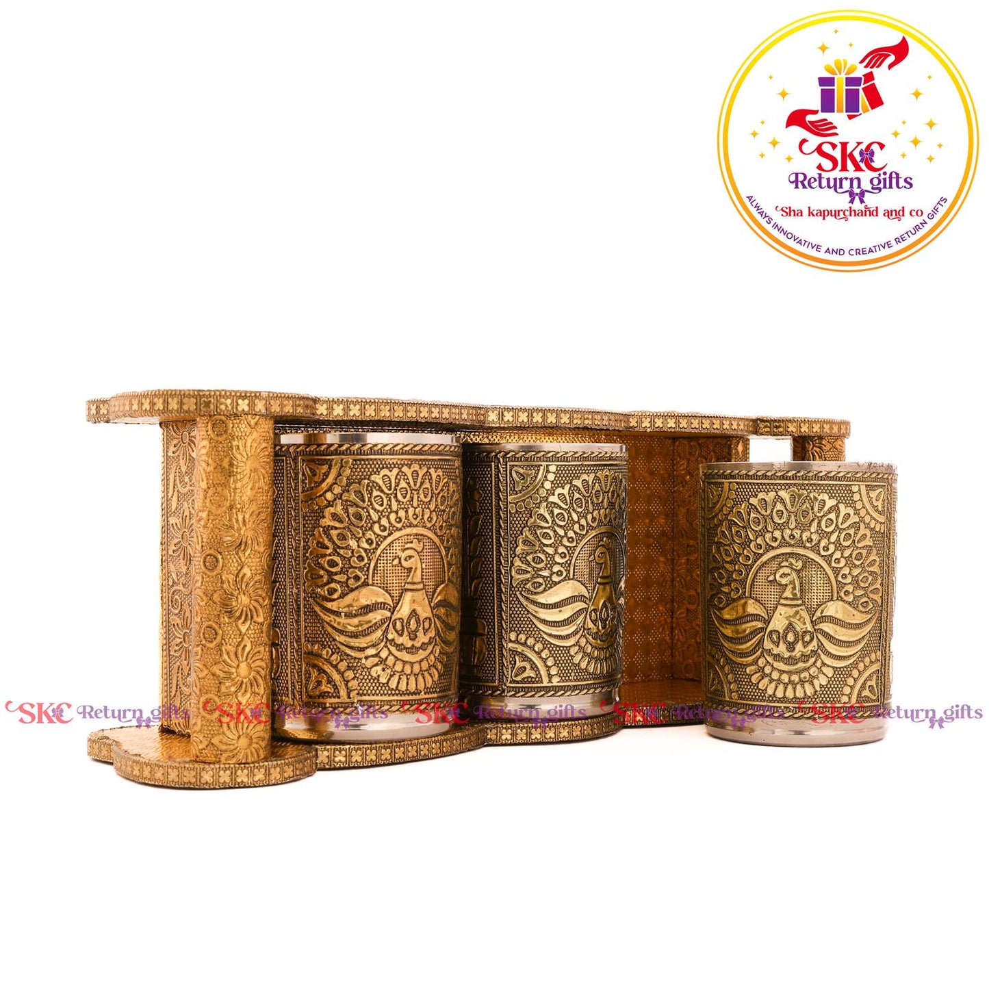 Embossed 3 Pcs Glass Tray Set Gold