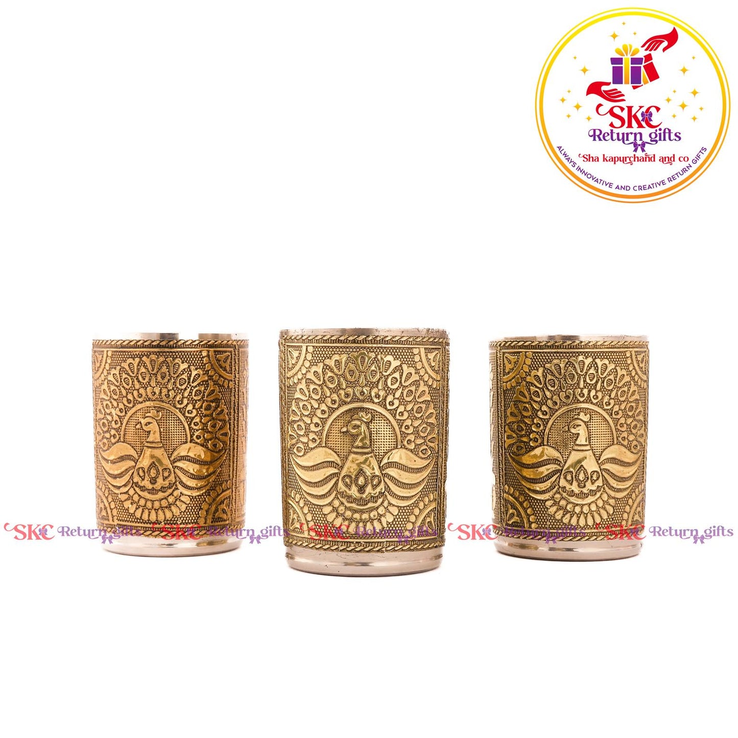 Embossed 3 Pcs Glass Tray Set Gold