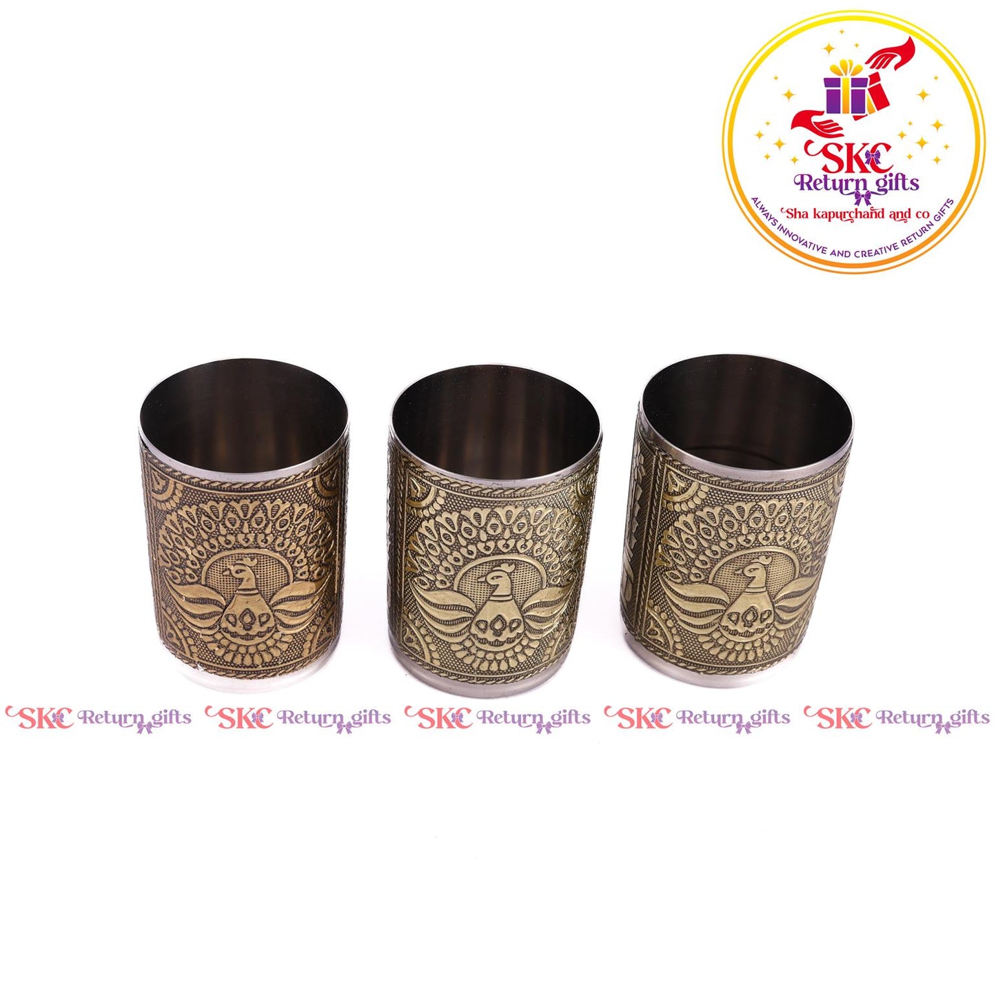 Embossed 3 Pcs Glass Tray Set Gold