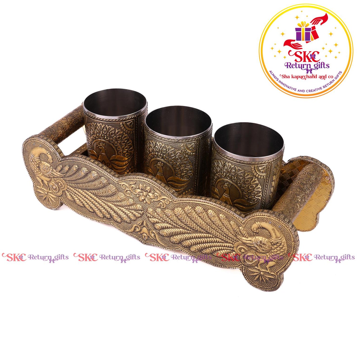 Embossed 3 Pcs Glass Tray Set Gold