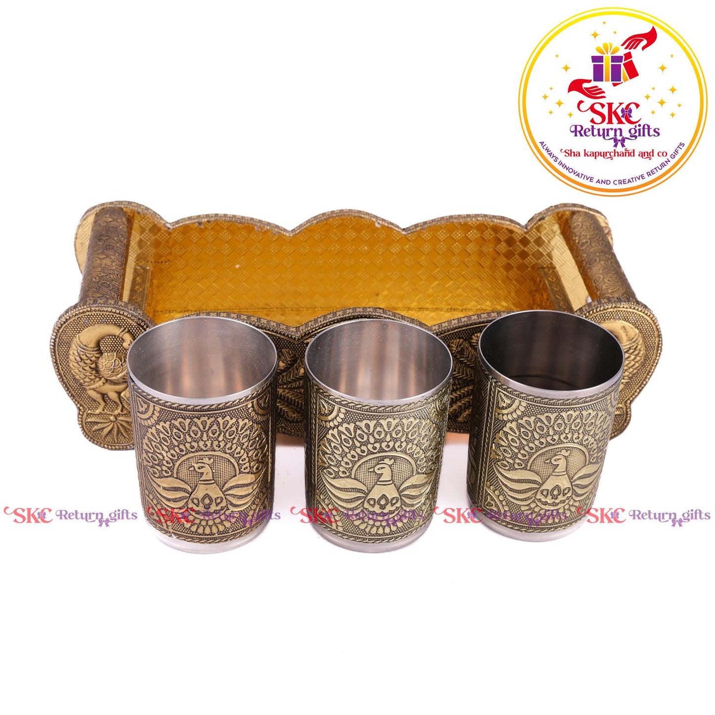 Embossed 3 Pcs Glass Tray Set Gold