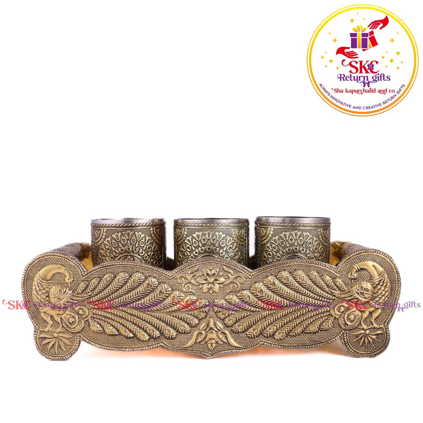 Embossed 3 Pcs Glass Tray Set Gold