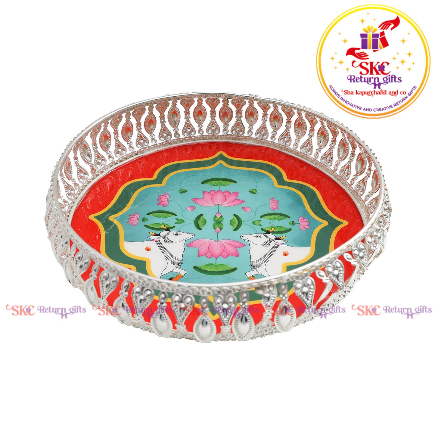 8 inch Pichwai silver tray