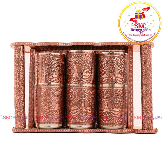 Embossed 6 Pcs Glass Tray Set Copper