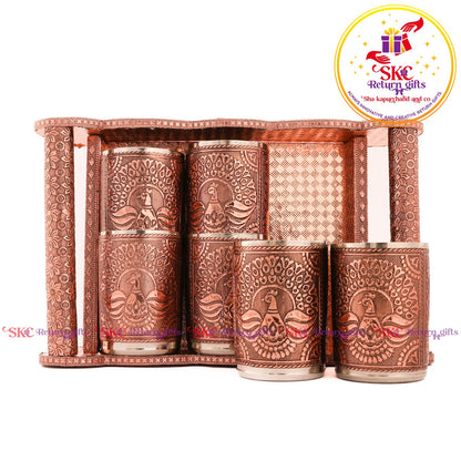 Embossed 6 Pcs Glass Tray Set Copper