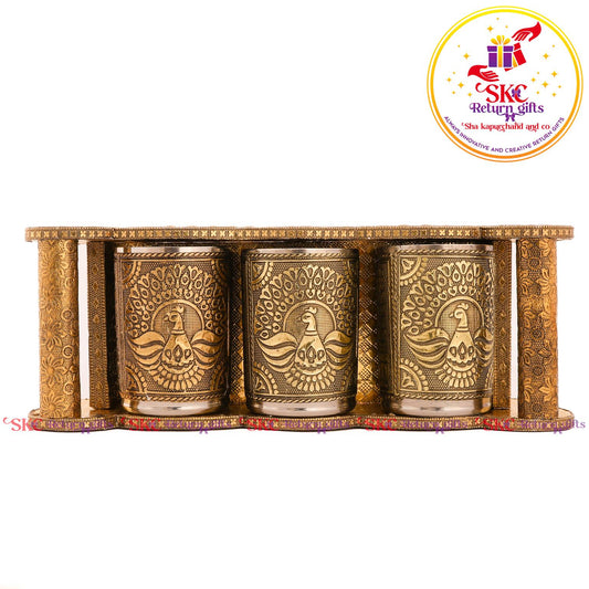 Embossed 3 Pcs Glass Tray Set Gold