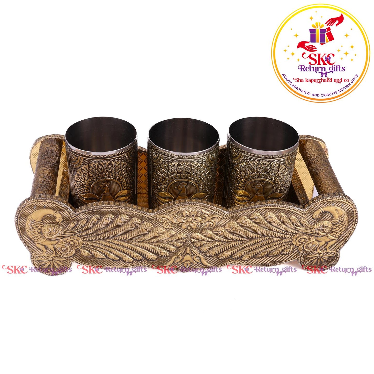 Embossed 3 Pcs Glass Tray Set Gold