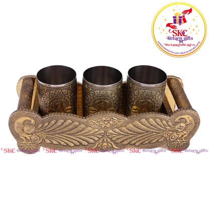 Embossed 3 Pcs Glass Tray Set Gold