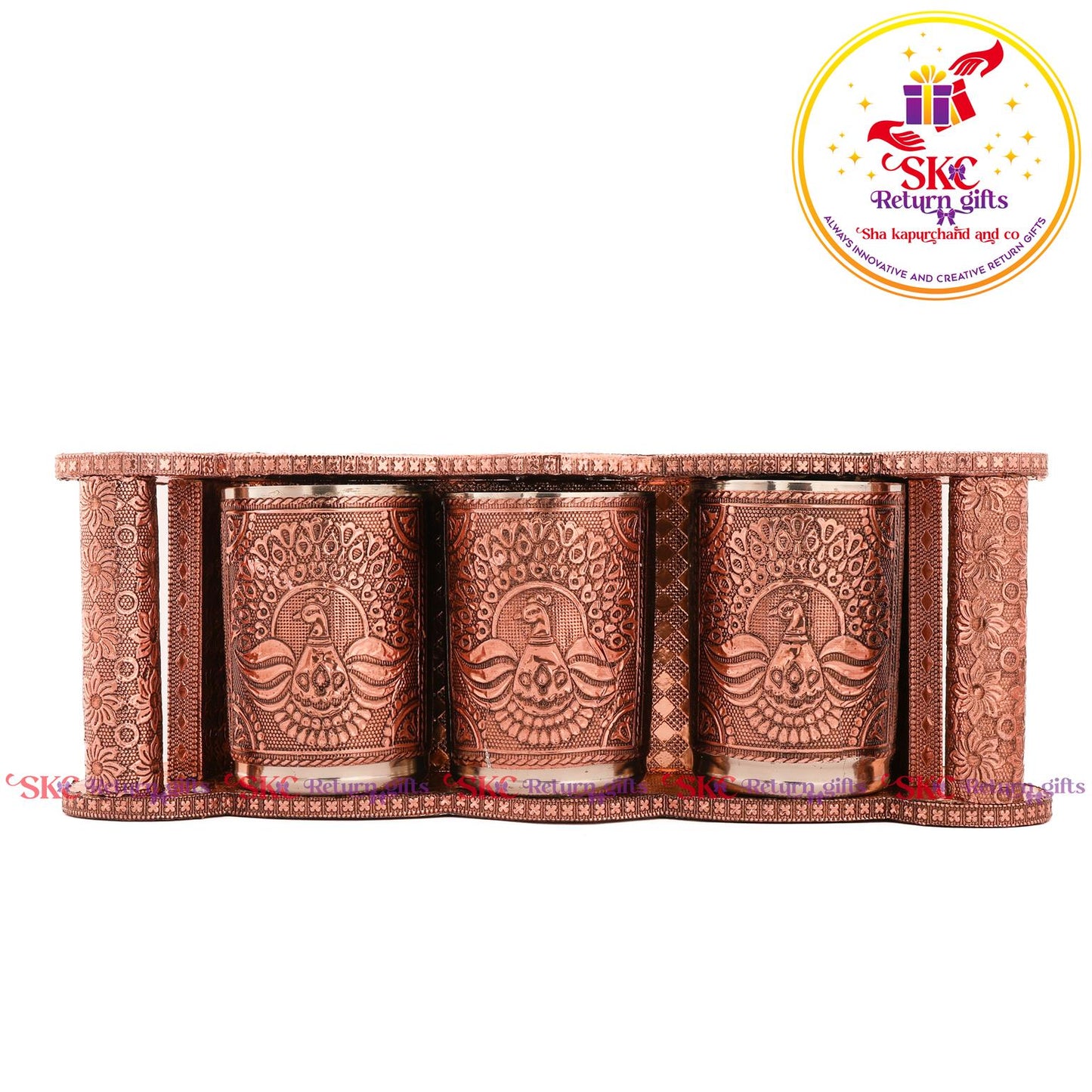 Embossed 3 Pcs Glass Tray Set Copper
