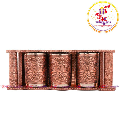 Embossed 3 Pcs Glass Tray Set Copper