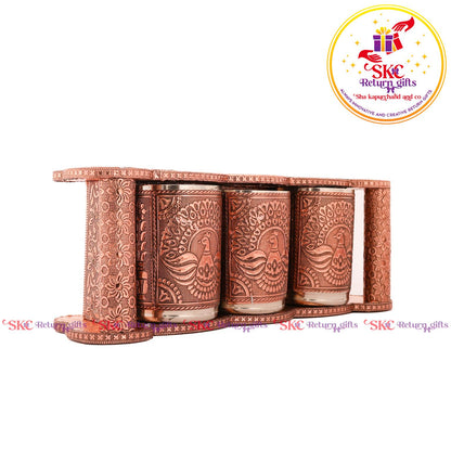 Embossed 3 Pcs Glass Tray Set Copper