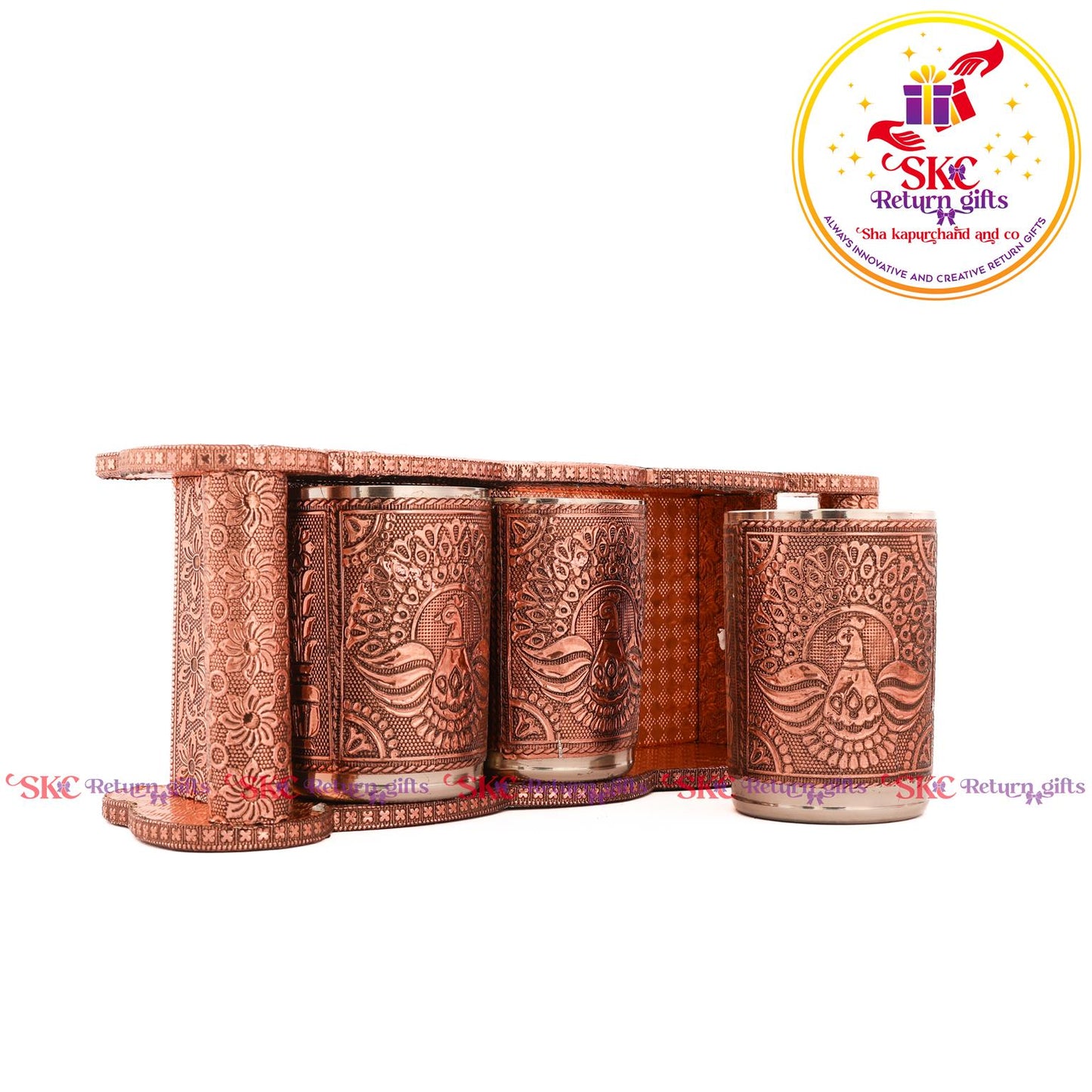 Embossed 3 Pcs Glass Tray Set Copper