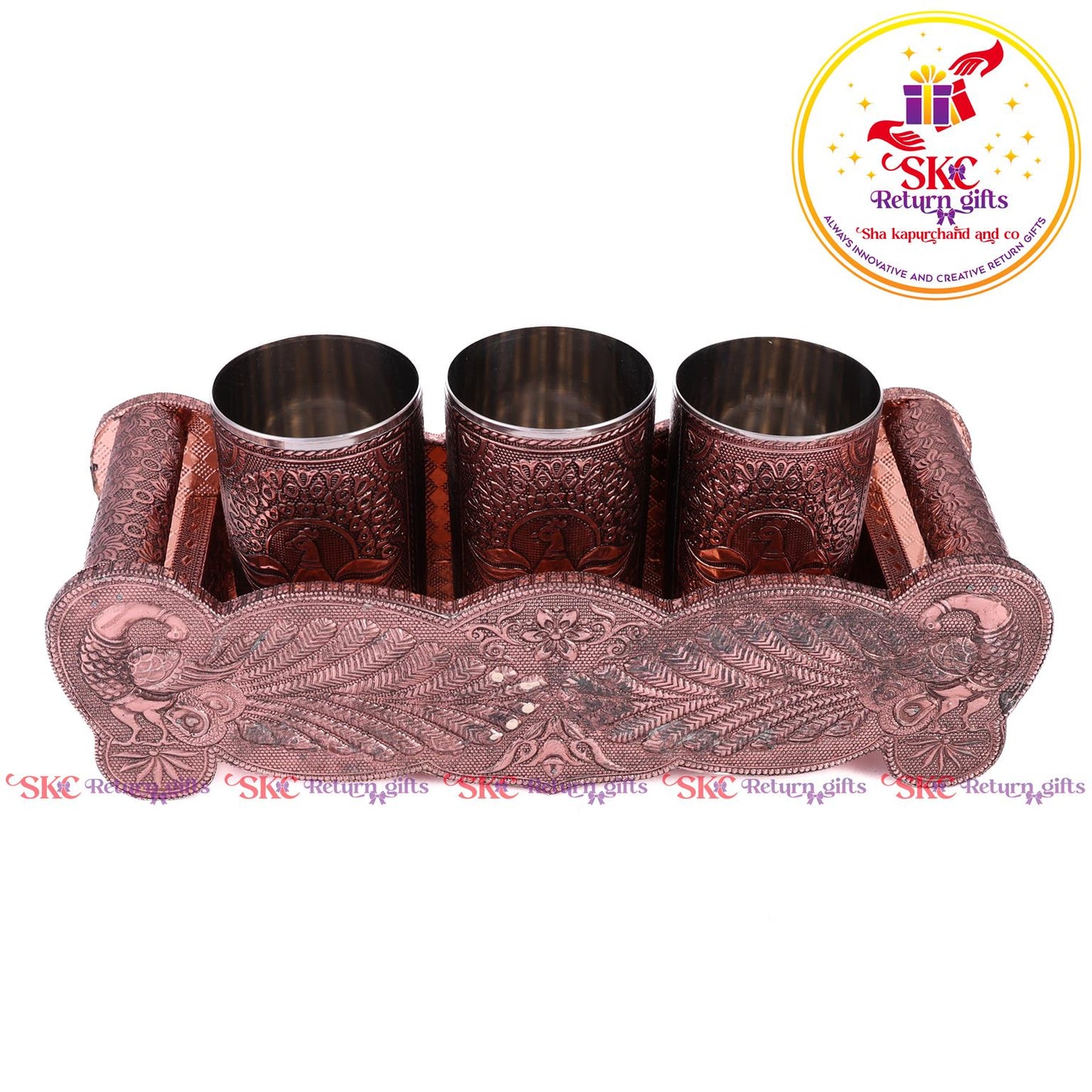 Embossed 3 Pcs Glass Tray Set Copper