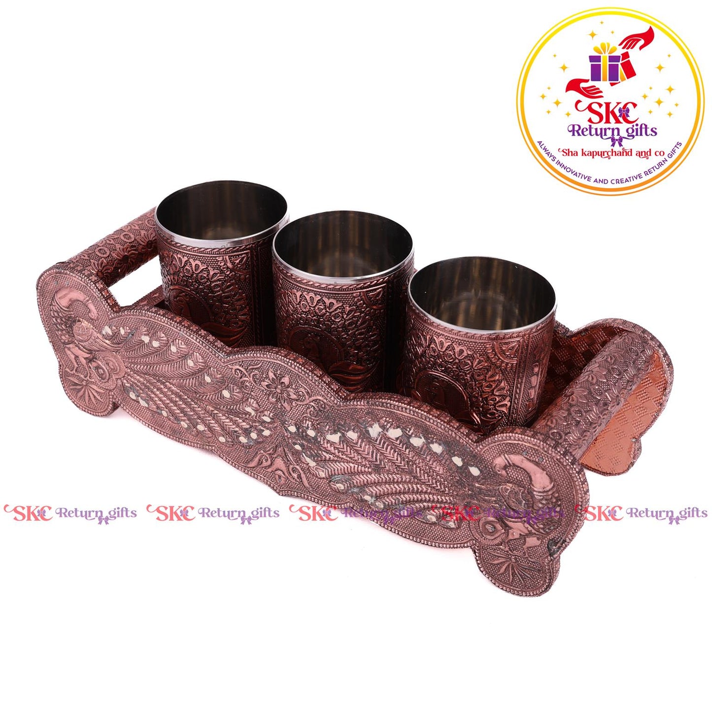 Embossed 3 Pcs Glass Tray Set Copper