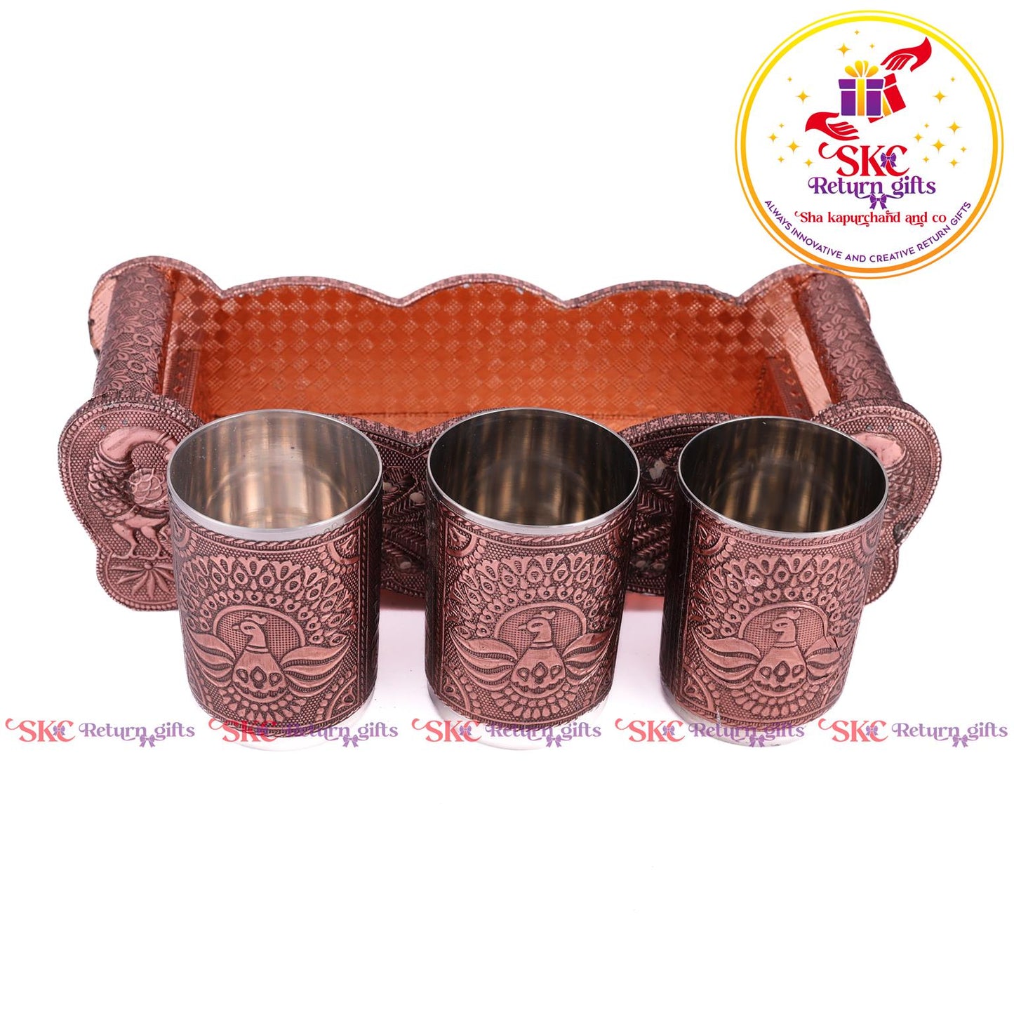 Embossed 3 Pcs Glass Tray Set Copper