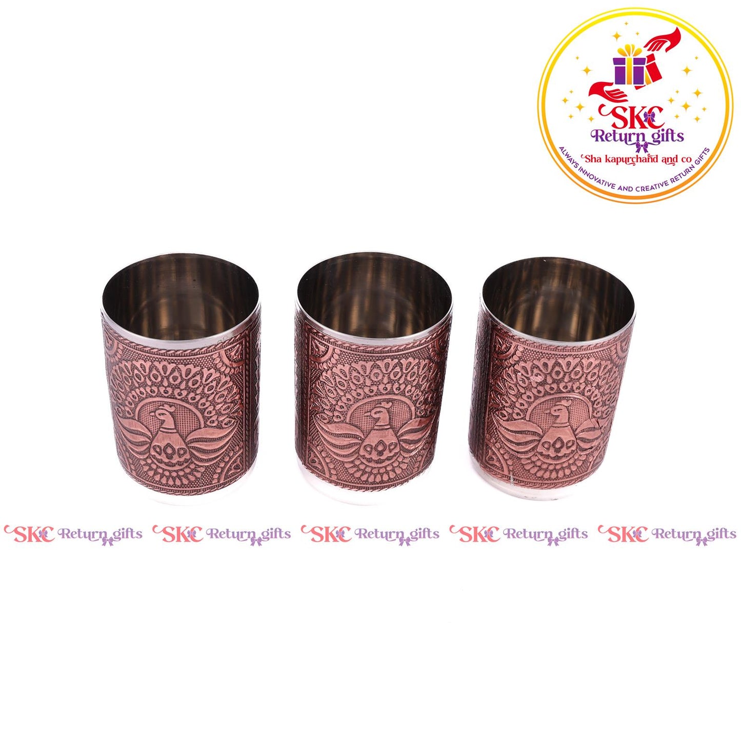 Embossed 3 Pcs Glass Tray Set Copper
