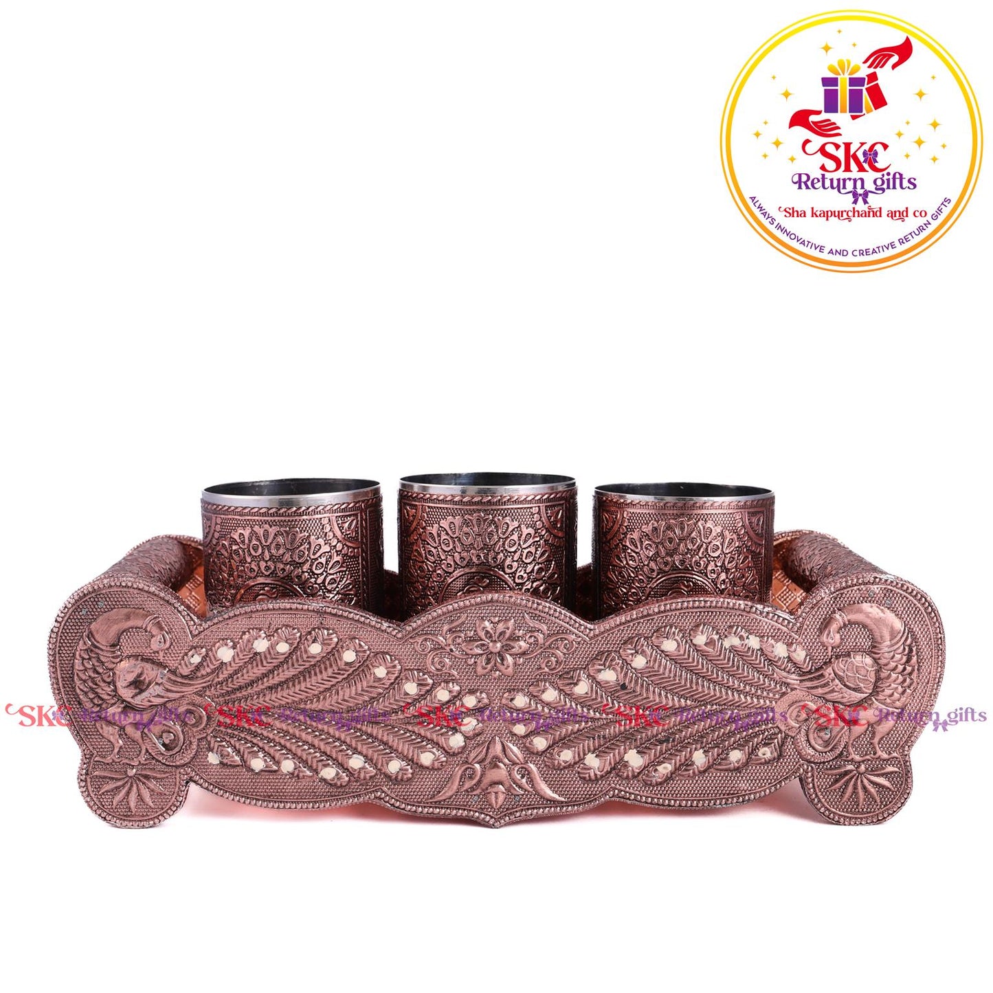 Embossed 3 Pcs Glass Tray Set Copper