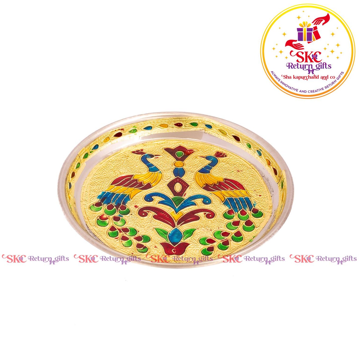 7 Inch Meenakari Pooja Plate Double Peacock