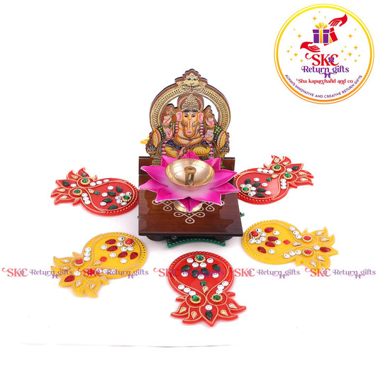 Mdf Acrylic Ganesha Diya Stand With Gift Set