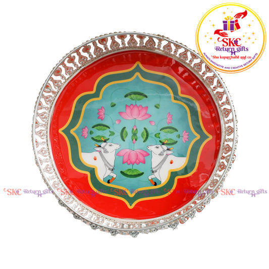 8 inch Pichwai silver tray