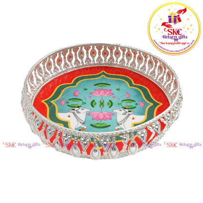 8 inch Pichwai silver tray