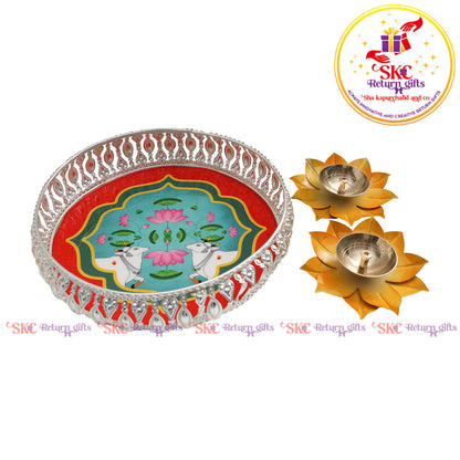 8 inch silver Pichwai Tambulam premium gift set