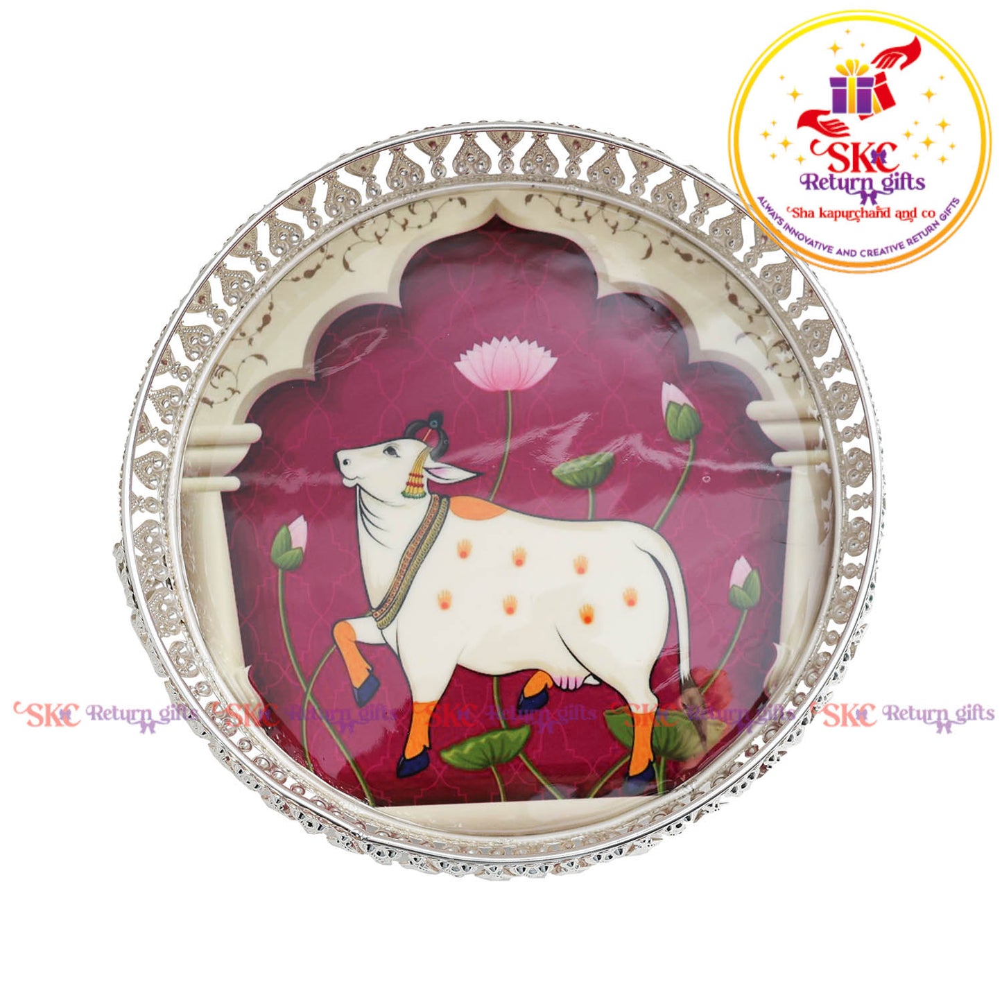 8 inch Pichwai silver tray