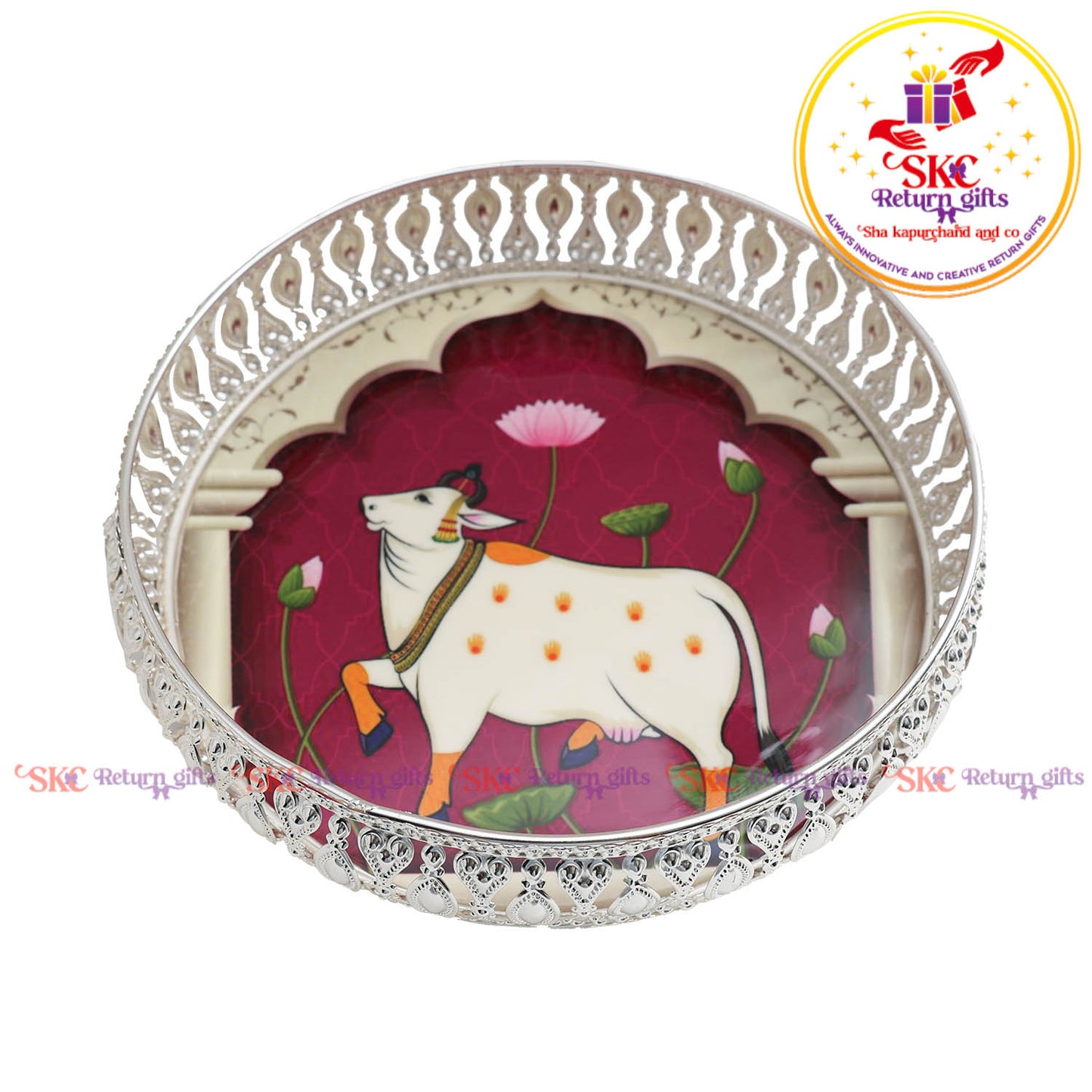 8 inch Pichwai silver tray