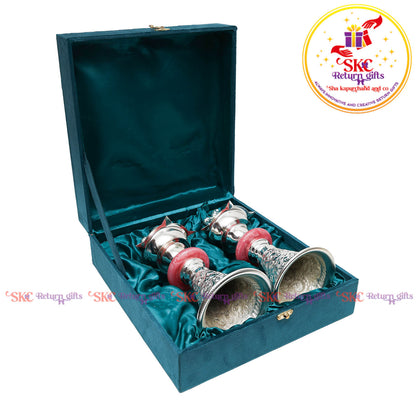 TRADITIONAL PEACOCK SILVER PLATED DIYAS [ SET OF 2 ]