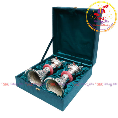 TRADITIONAL PEACOCK SILVER PLATED DIYAS [ SET OF 2 ]