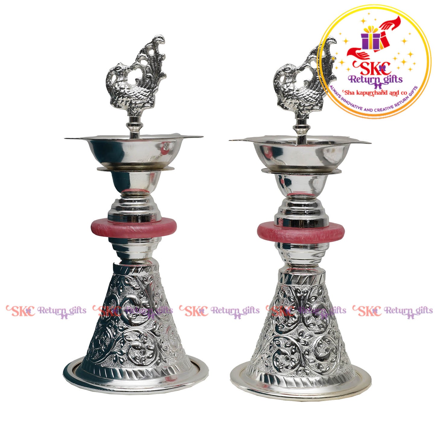 TRADITIONAL PEACOCK SILVER PLATED DIYAS [ SET OF 2 ]