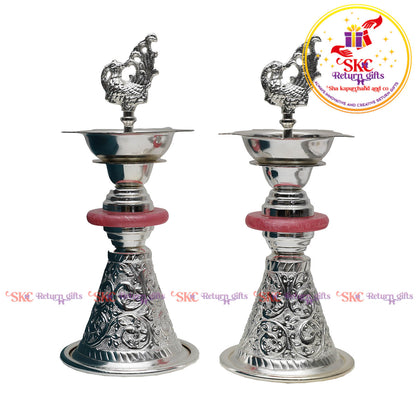 TRADITIONAL PEACOCK SILVER PLATED DIYAS [ SET OF 2 ]