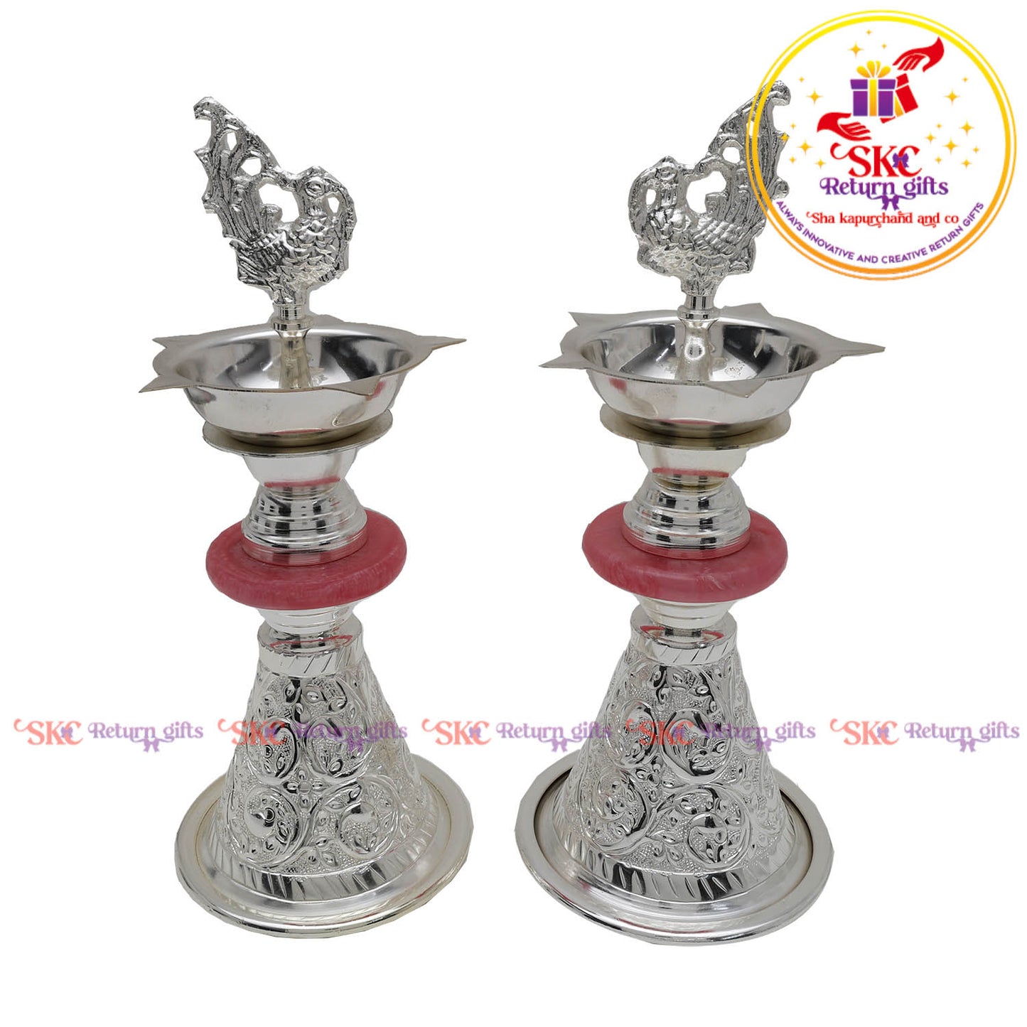 TRADITIONAL PEACOCK SILVER PLATED DIYAS [ SET OF 2 ]