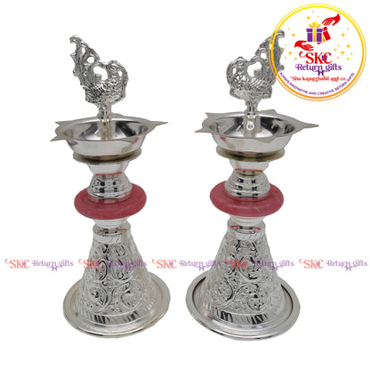TRADITIONAL PEACOCK SILVER PLATED DIYAS [ SET OF 2 ]