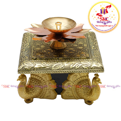 4x4 Gold Traditional Peacock Manai With 3inc loutes brass diya