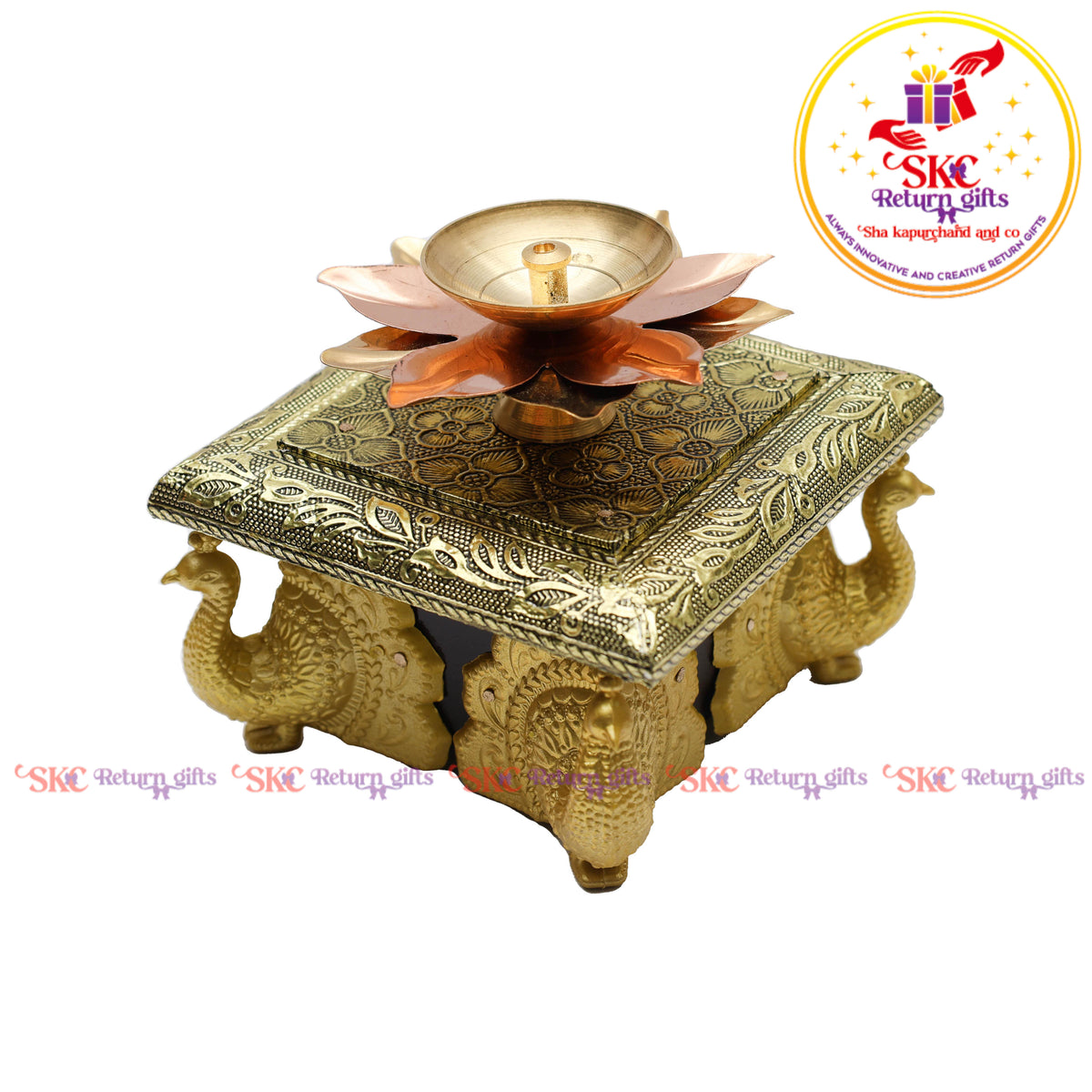 4x4 Gold Traditional Peacock Manai With 3inc loutes brass diya